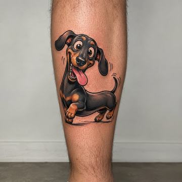 Farbiges Dackel‑Tattoo im verspielten Comicstil am Unterschenkel