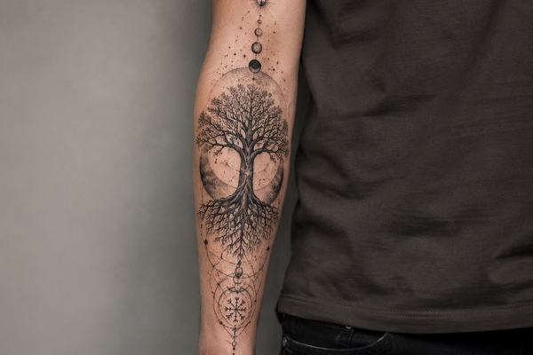 Innerer Unterarm mit Yggdrasil-Tattoo in Fineline/Dotwork