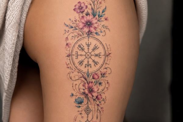 Oberschenkel-Tattoo mit Vegvisir 