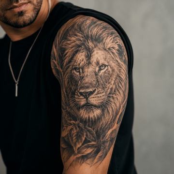 Löwen-Tattoo mit Blume am Oberarm