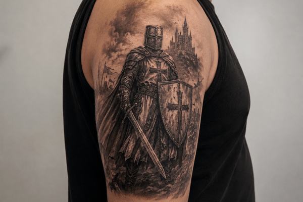 Kreuzritter-Tattoo am Oberarm