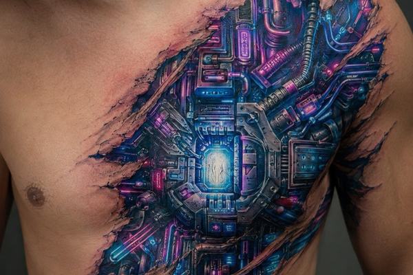 Cyberpunk-Brusttattoo mit aufgerissener Haut-Optik