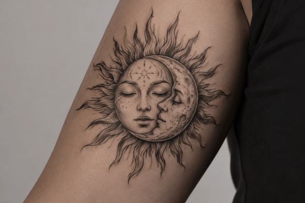 Sonne-Mond-Tattoo am Oberarm
