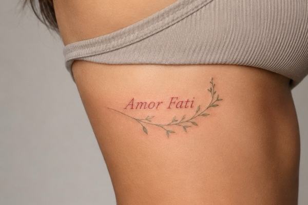Seitliche Rippenansicht mit feinem „Amor Fati“-Script-Tattoo