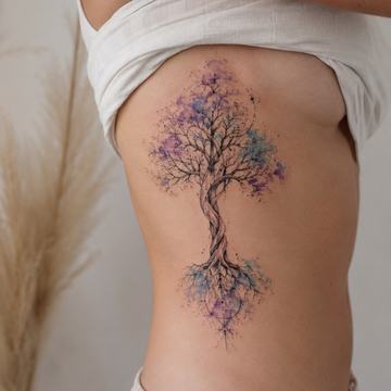 Feines Yggdrasil‑Tattoo entlang der seitlichen Rippen