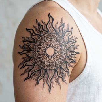 Mandala Sonnen-Tattoo am Oberarm
