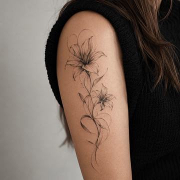 Fineline-Blumen-Tattoo am Oberarm