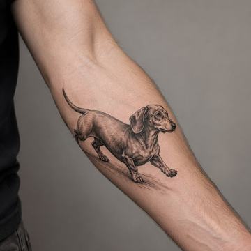 Realistisches Fineline‑Dackel‑Tattoo in Schwarz‑Grau auf dem inneren Unterarm