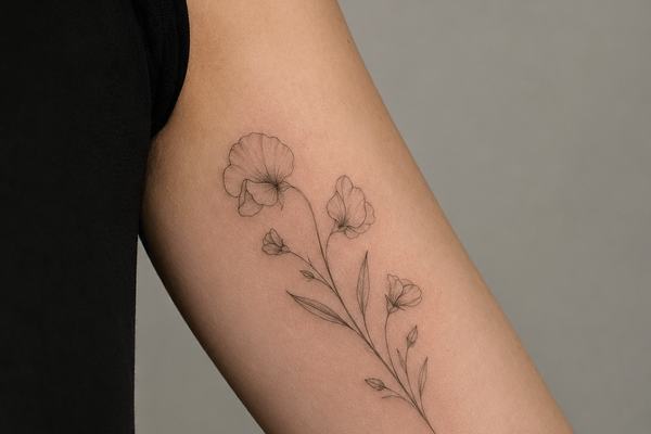 Fineline-Blumen-Tattoo am Oberarm