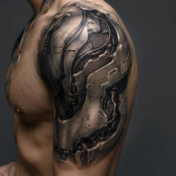 Realistisches Cyberpunk-Schultertattoo in Schwarz-Grau auf einem männlichen Oberarm