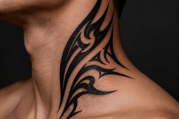 Großes Tribal Tattoo am Hals