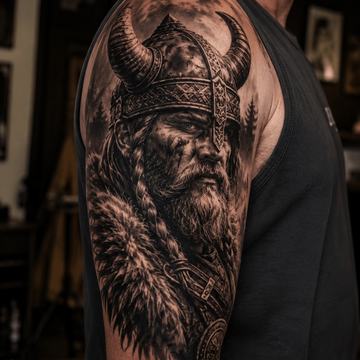 Realistisches Wikinger-Tattoo am Oberarm