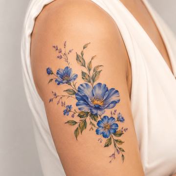 Tattoo mit blauen Blumen am Oberarm
