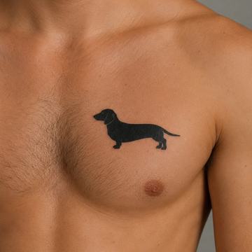 Schwarze Dackel‑Silhouette als minimalistisches Brust‑Tattoo auf einem Oberkörper