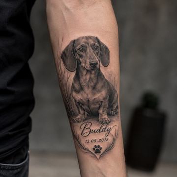 Realistisches Fineline‑Tattoo eines Dackels in Schwarz‑Grau auf dem inneren Unterarm, personalisiert mit dem Namen „Buddy“, dem Datum „12.05.2018“ und einer kleinen Pfote in einem Herz darunter.