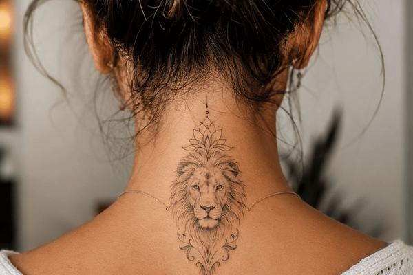 Feines Löwen Tattoo im Nacken