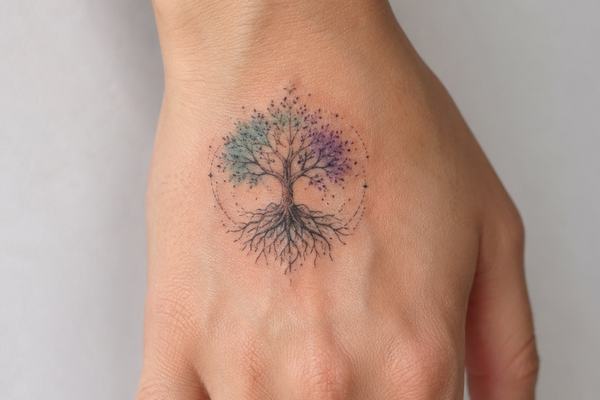 Kleines Yggdrasil‑Tattoo auf dem Handrücken