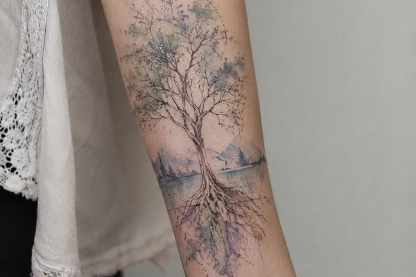 Feines Yggdrasil-Tattoo auf dem inneren Unterarm