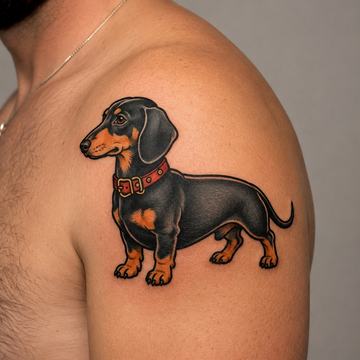 Farbiges Dackel‑Tattoo im verspielten Comicstil auf dem Oberarm