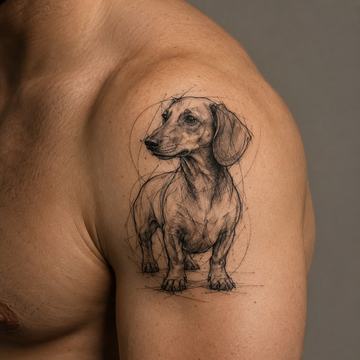 Realistisches Dackel‑Tattoo in feinem Schwarz‑Grau auf dem Oberarm, skizzenhafter Fineline‑Stil mit dezenten Kreisen