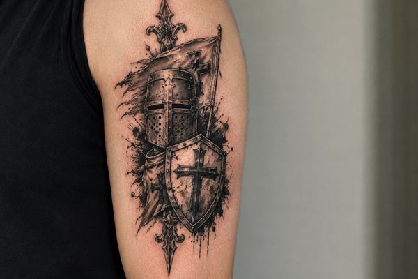 Kreuzritter-Tattoo mit Schild am Oberarm