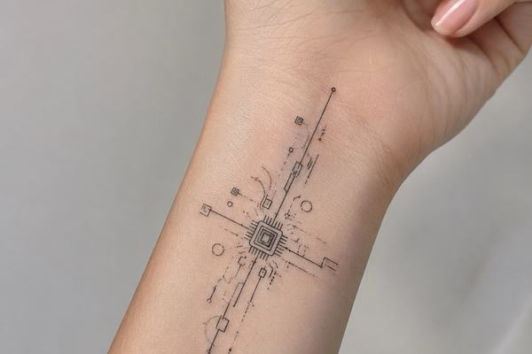 Kleines Cyberpunk-Tattoo auf der Innenseite des Handgelenks