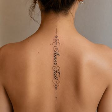 Rückenansicht einer Person mit vertikalem „Amor Fati“-Tattoo 