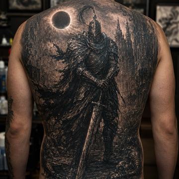 Großes Schwarz-Grau-Realismus-Rückentattoo im Dark-Souls-Stil
