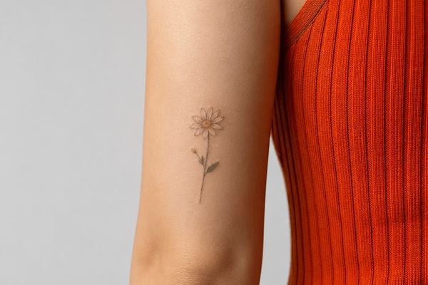 Kleines Gänseblümchen-Tattoo am Oberarm