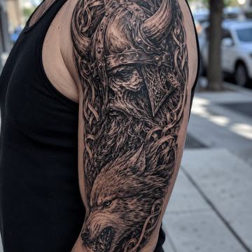 Wikinger-Tattoo mit Wolf am Oberarm