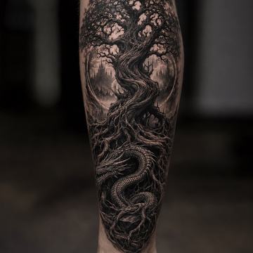 Detailreiches Yggdrasil-Tattoo in Black-Grey auf der Wade