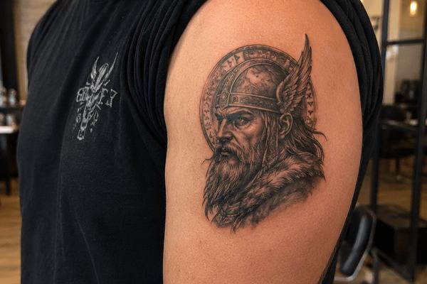 Wikingerkopf-Tattoo am Oberarm