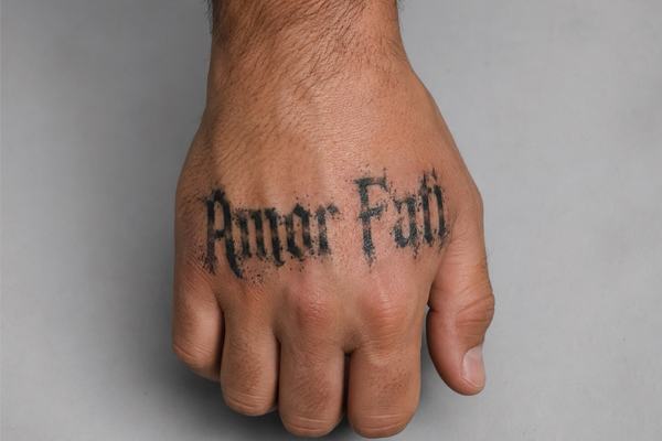 Handrücken mit großem „Amor Fati“-Tattoo in schwarzer, gotischer Schrift;