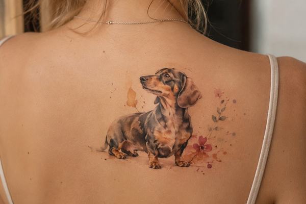 Realistisches Dackel‑Tattoo in Aquarelloptik auf dem Schulterblatt einer Frau