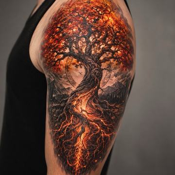 Detailreiches Yggdrasil‑Tattoo auf Oberarm und Schulter