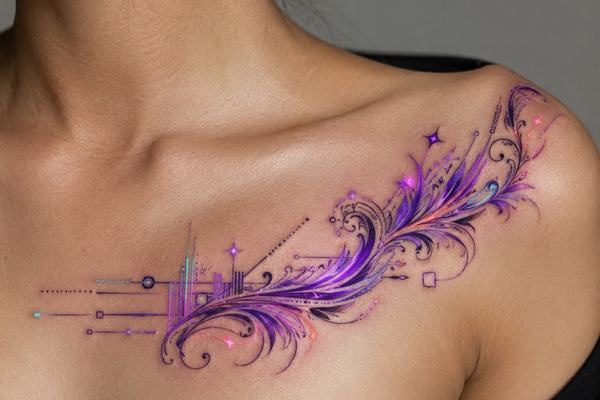 Elegantes Cyberpunk‑Tattoo entlang des Schlüsselbeins