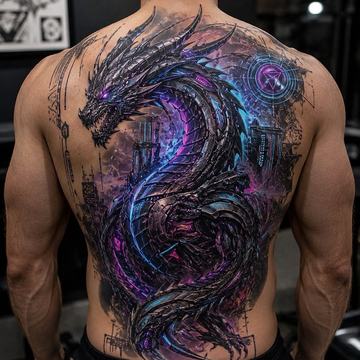 Großes Cyberpunk-Rücken-Tattoo auf dem Rücken eines Mannes