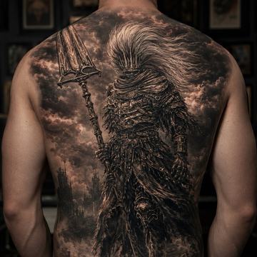 Großes Schwarz‑Grau‑Realismus‑Rückentattoo im Dark‑Souls‑Stil