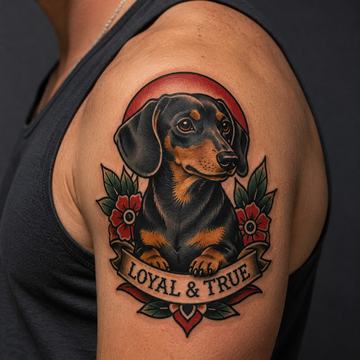 Farbiges Dackel‑Tattoo im traditionellen Stil auf dem Oberarm einer Person