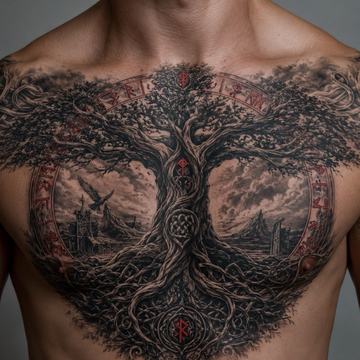 Großes Yggdrasil-Brusttattoo in Black-Greywork
