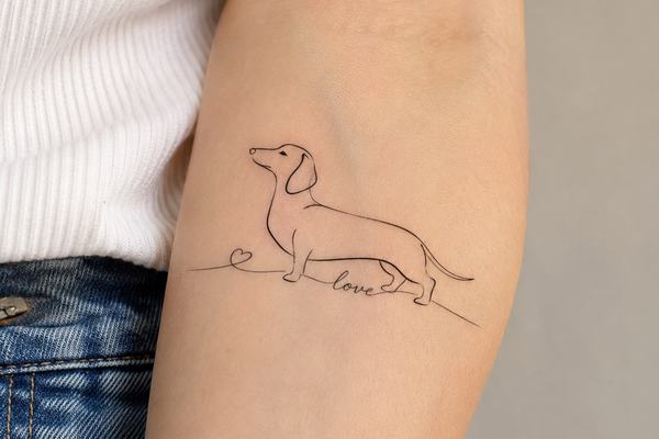 Minimalistisches Dackel‑Tattoo im One‑Line‑Fineline‑Stil auf dem inneren Unterarm