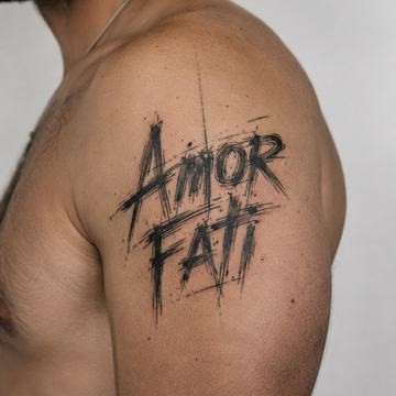 Oberarm einer Person mit großem, vertikal gestapelten „Amor Fati“-Tattoo 