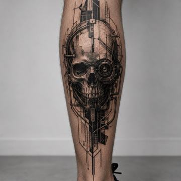 Cyberpunk-Waden-Tattoo: großes Schwarz‑Grau‑Design eines biomechanischen Schädels mit cybernetischem Auge