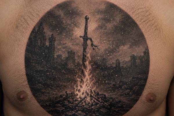Schwarz-Grau-Realismus-Brusttattoo im Dark-Souls-Stil