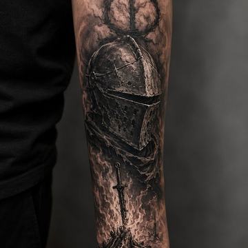 Schwarz-Grau-Realismus-Tattoo am Unterarm im Dark-Souls-Stil