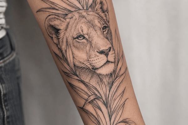 Löwin-Tattoo mit Blättern