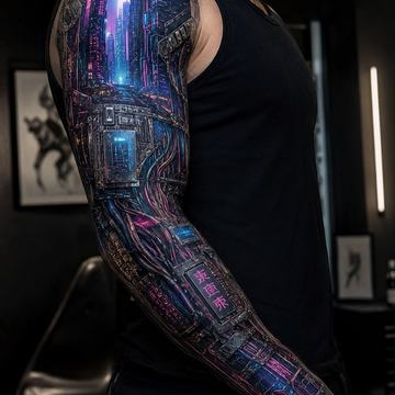Cyberpunk Full‑Sleeve am Arm eines Mannes