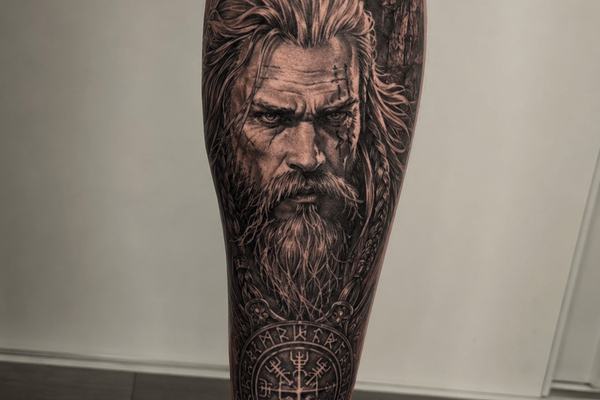 Wikinger-Tattoo mit Runen am Bein