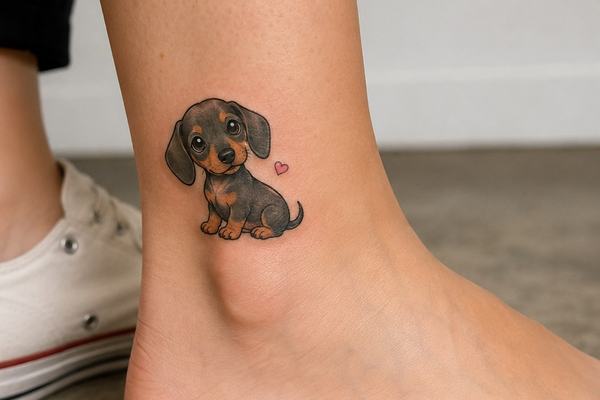 Kleines Dackel‑Tattoo im feinen Comicstil mit rosa Herz