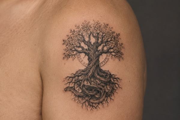Yggdrasil-Tattoo auf dem Oberarm